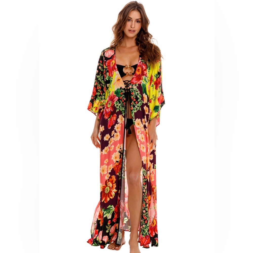 Agua Bendita NWT Multicolor Floral Maxi Cover Up Tunic Dress One Size